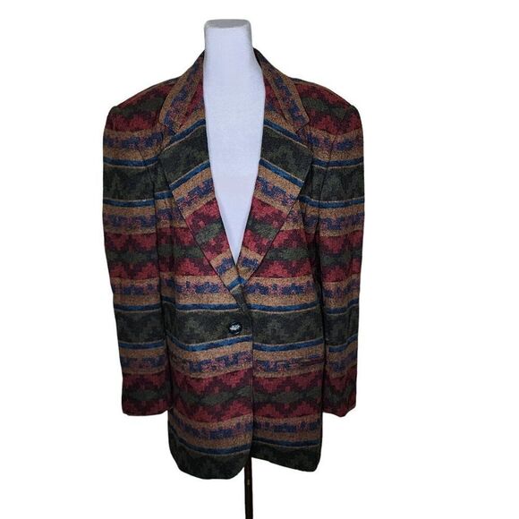 Vintage 90s Aztec Southwestern Blazer Jacket Womens Size 12 Red Multi - Picture 1 of 7